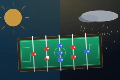 Table de baby-foot entre un soleil et un nuage de pluie, arbitrage entre extérieur et intérieur