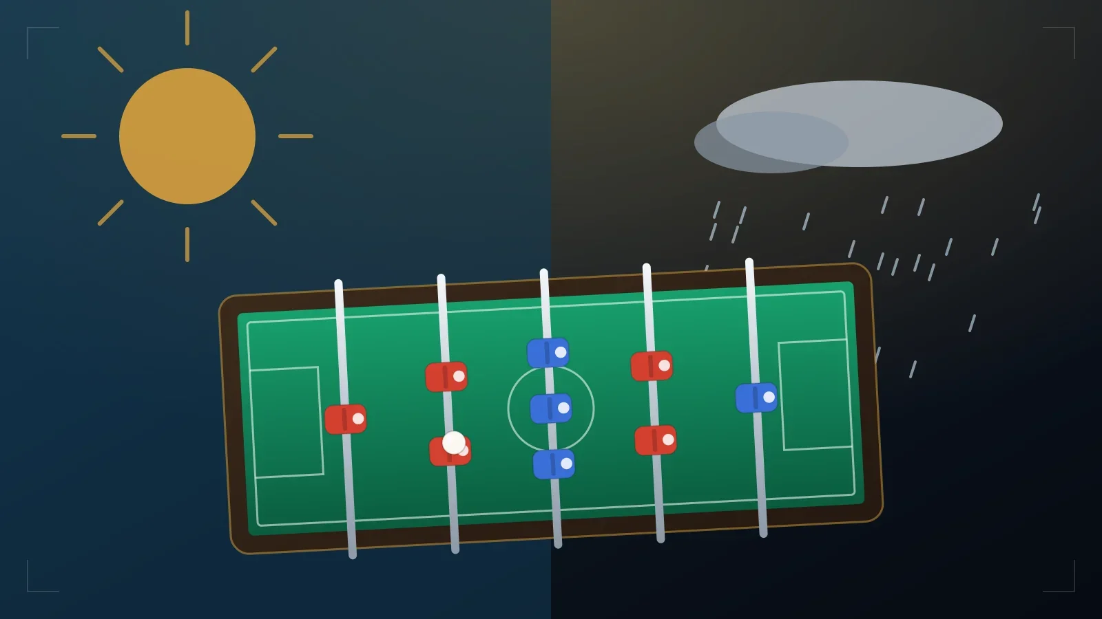 Table de baby-foot entre un soleil et un nuage de pluie, arbitrage entre extérieur et intérieur