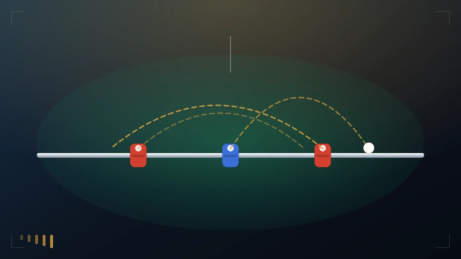 Trajectoires de passes et de tirs au-dessus d'une barre de baby-foot