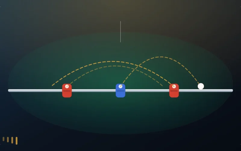 Trajectoires de balle au-dessus d'une barre de baby-foot et de ses figurines